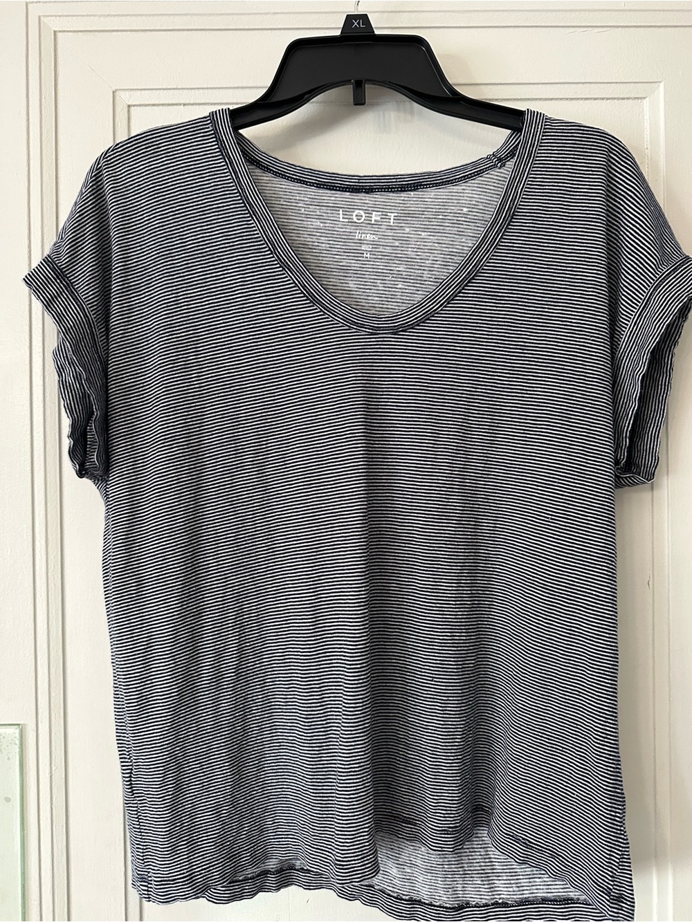 LOFT Women's Short-Sleeve V-Neck Tee in Black and White Microstripe